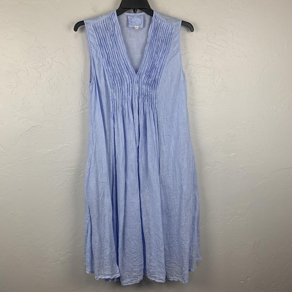 Zyga Dress Womens Large Blue Linen Sleeveless V Neck Trapeze Midi Pockets